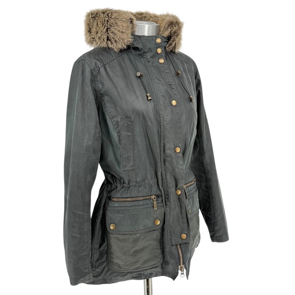 Barbour Womens Kelsall Faux Fur & Faux Shearling Trim Waxed Cotton Parka size 8 - Picture 3 of 16